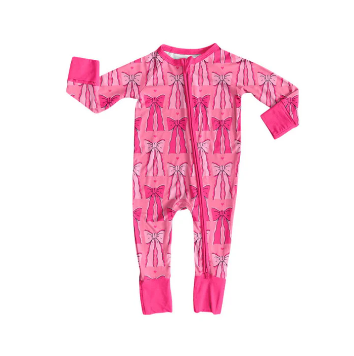 9.9 Preorder (moq 5)Baby Girls Hot Pink Bows Valentine Zipper Footie Rompers
