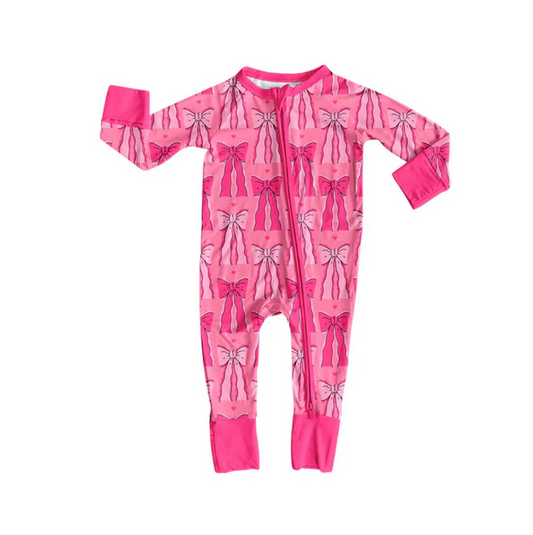 9.9 Preorder (moq 5)Baby Girls Hot Pink Bows Valentine Zipper Footie Rompers