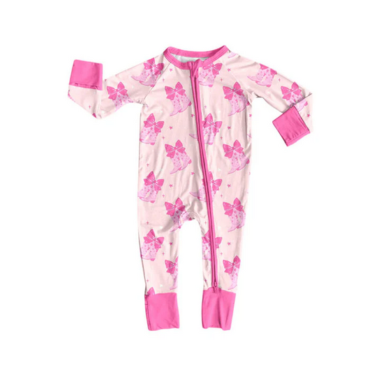 9.9 Preorder (moq 5)Baby Girls Pink Bows Boots Valentine Zipper Footie Rompers