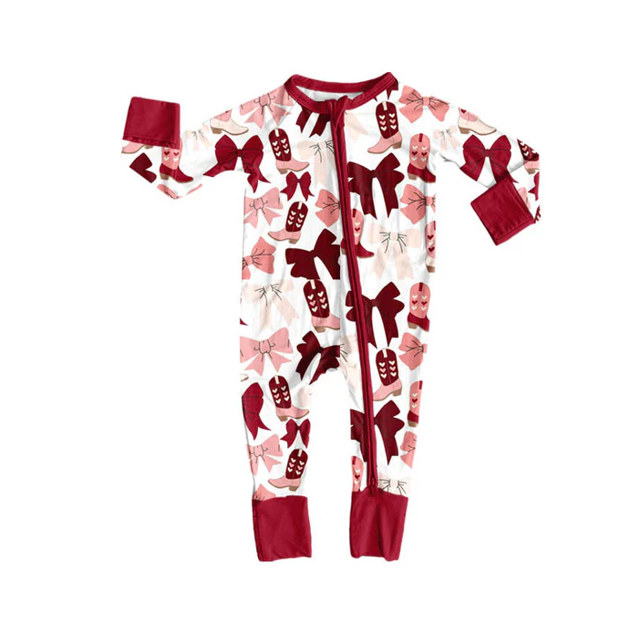 9.9 Preorder (moq 5)Baby Girls Red Pink Bows Boots Valentine Zipper Footie Rompers