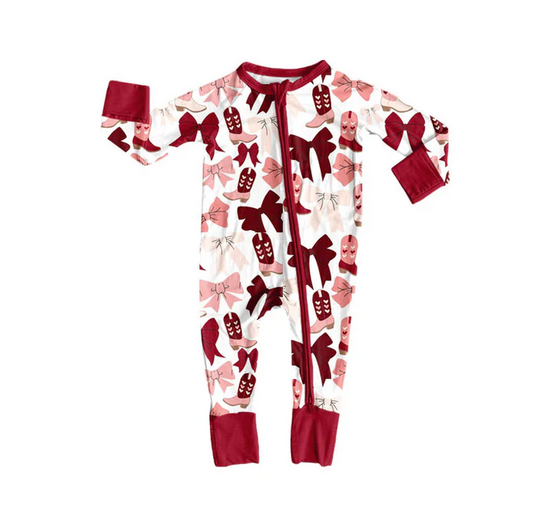 9.9 Preorder (moq 5)Baby Girls Red Pink Bows Boots Valentine Zipper Footie Rompers
