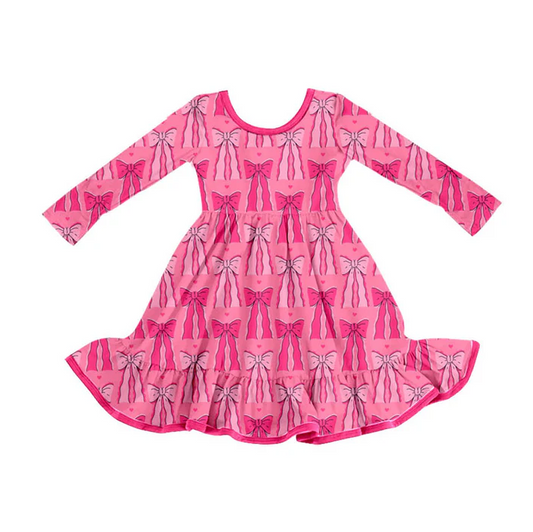 9.9  Preorder (moq 5)Baby Girls Hot Pink Bows Valentine Ruffle Knee Length Dresses