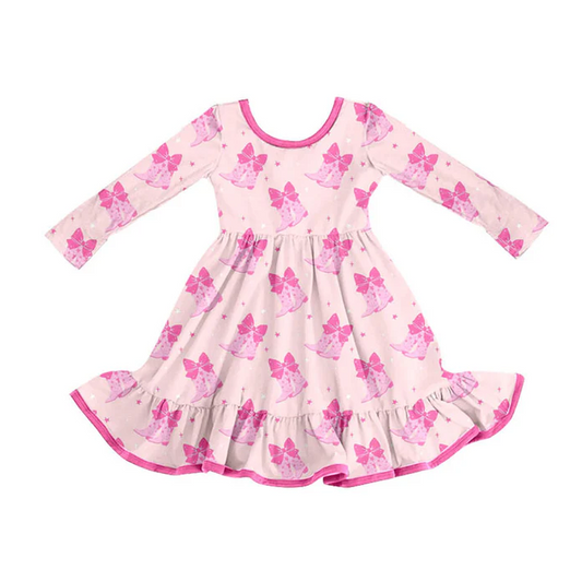 9.9 Preorder (moq 5)Baby Girls Pink Bows Boots Valentine Ruffle Knee Length Dresses
