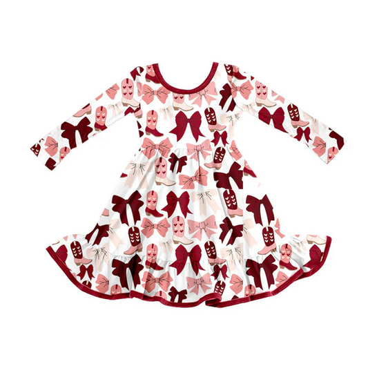 9.9 Preorder (moq 5)Baby Girls Red Pink Bows Boots Valentine Ruffle Knee Length Dresses