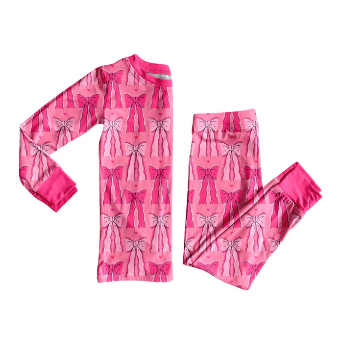 9.9 Preorder (moq 5)Baby Girls Hot Pink Bows Top Pants Valentine Pajamas Sets