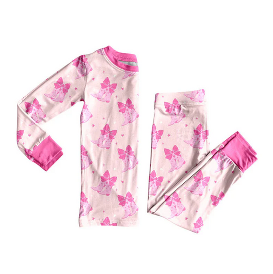 9.9 Preorder (moq 5)Baby Girls Pink Bows Boots Top Pants Valentine Pajamas Sets