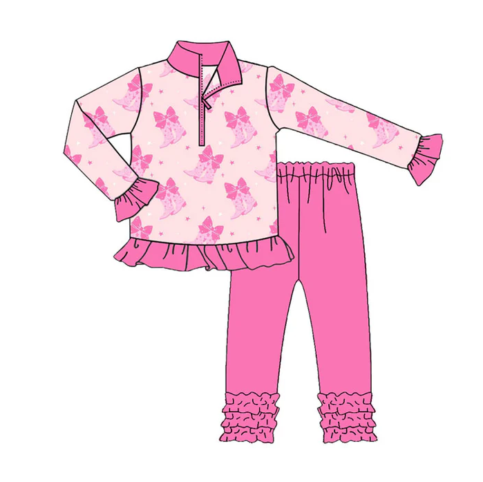 9.9 Preorder (moq 5)Baby Girls Pink Bows Boots Zipper Pullover Valentine Ruffle Leggings Clothes Sets