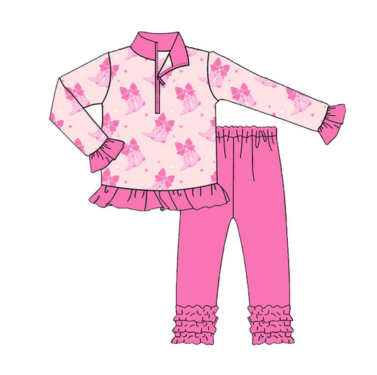 9.9 Preorder (moq 5)Baby Girls Pink Bows Boots Zipper Pullover Valentine Ruffle Leggings Clothes Sets