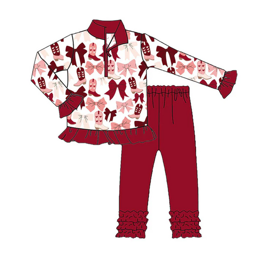 9.9 Preorder (moq 5)Baby Girls Pink Bows Boots Zipper Pullover Valentine Ruffle Leggings Clothes Sets