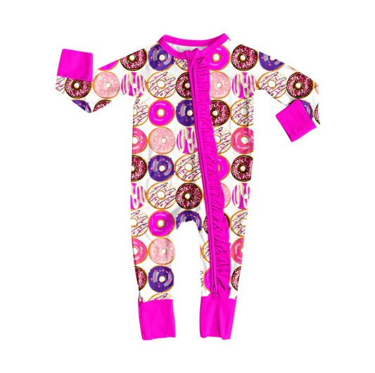 9.10 Preorder (moq 5)Baby Girls Colorful Donuts Valentine Ruffle Zipper Footie Rompers