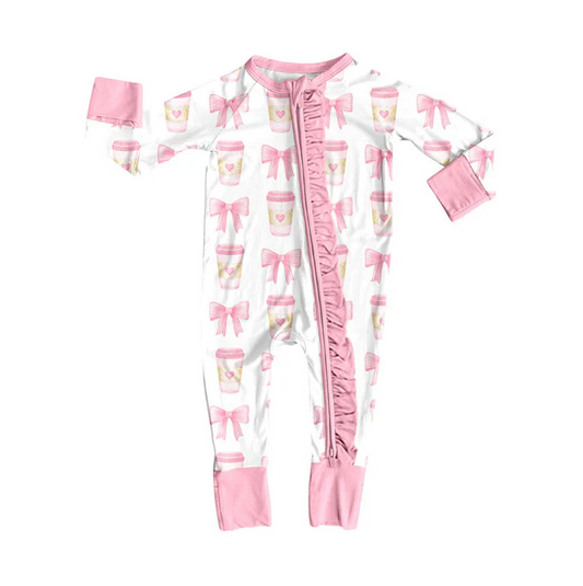 9.10 Preorder (moq 5)Baby Girls Pink Bows Coffee Valentine Ruffle Zipper Footie Rompers