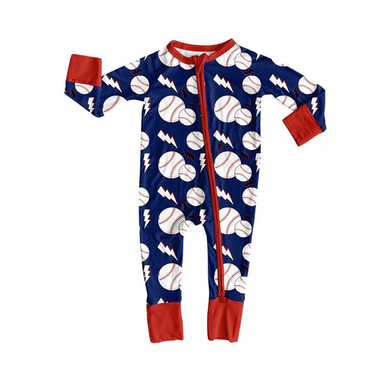 9.10 Preorder (moq 5)Baby Boys Baseballs Lights Team Zipper Footie Rompers