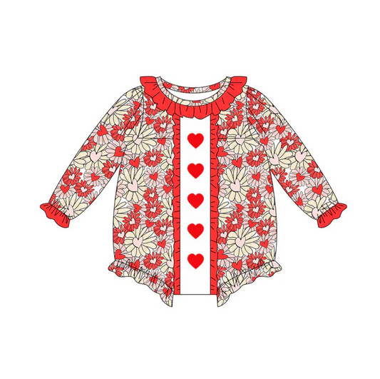 9.10 Preorder (moq 5)Baby Girls Red Daisy Hearts Valentine Ruffle Rompers