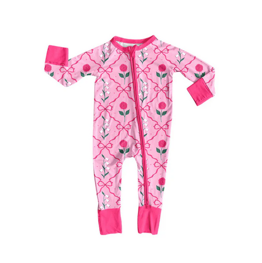 9.10 Preorder (moq 5)Baby Girls Pink Bows Flowers Checked Zipper Footie Rompers