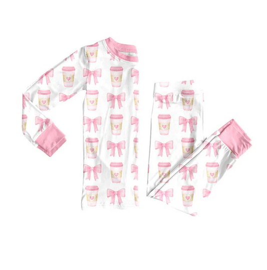 9.10 Preorder (moq 5)Baby Girls Pink Bows Coffee Top Pants Valentine Pajamas Sets