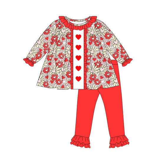 9.10 Preorder (moq 5)Baby Girls Red Daisy Hearts Tunic Ruffle Leggings Valentine Clothes Sets