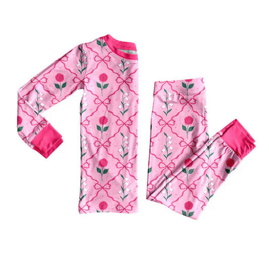 9.10 Preorder (moq 5)Baby Girls Pink Bows Flowers Checked Top Pant Pajamas Sets