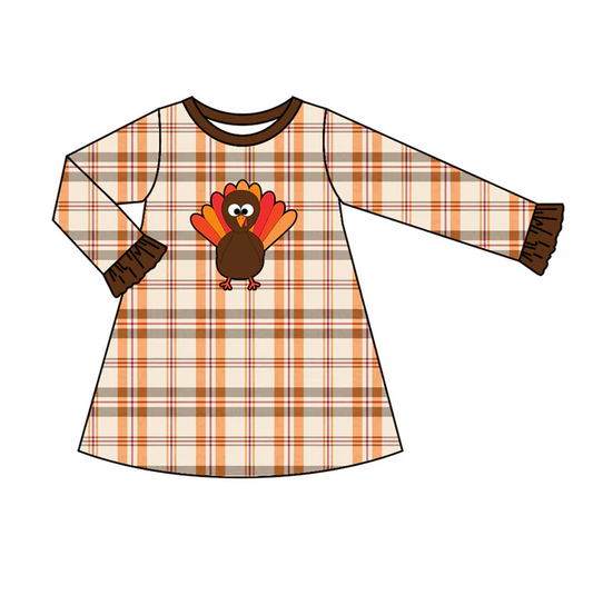 9.10 Preorder moq 5 Baby Girls Brown Checkered Turkey Thanksgiving Knee Length Dresses