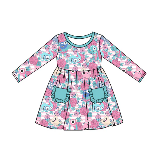 9.10 Baby Girls Monster Flowers Knee Length Dresses Preorder(moq 5)