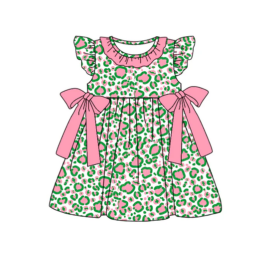 9.10 Baby Girls Green Pink Bows Knee Length Dresses Preorder(moq 5)