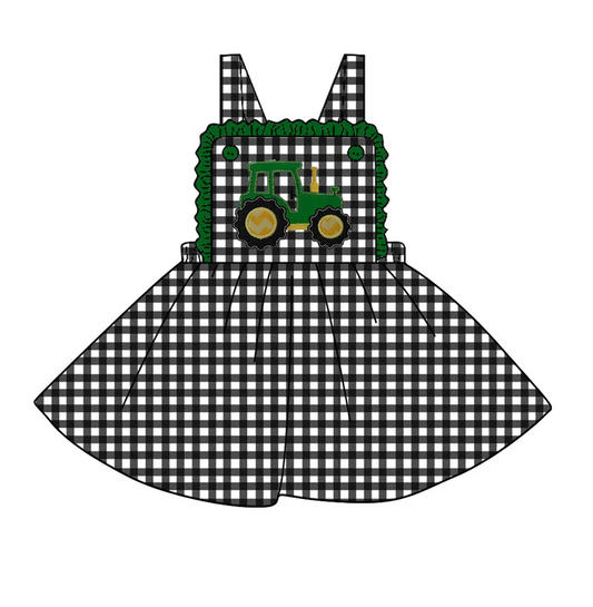 9.10 Baby Girls Tractor Plaid Suspender Knee Length Dresses preorder(moq 5)