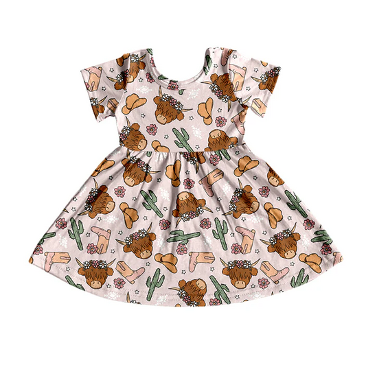 9.10 Baby Girls Highland Cows Western Knee Length Dresses Preorder(moq 5)