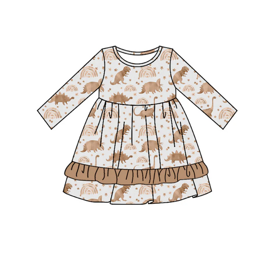 9.10 Baby Girls Dinosaurs Rainbow Ruffles Knee Length Dresses Preorder(moq 5)