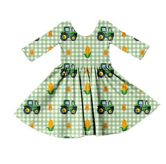 9.10 Baby Girls Green Tractor Corn Knee Length Dresses preorder(moq 5)