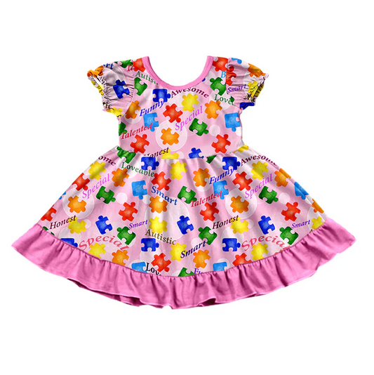 9.10 Baby Girls Pink Autistic Tee Top Ruffle Knee Length Dresses preorder(moq 5)