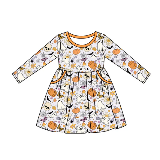 9.10  Baby Girls Halloween Pumpkin Ghost Flowers Knee Length Dresses Preorder(moq 5)