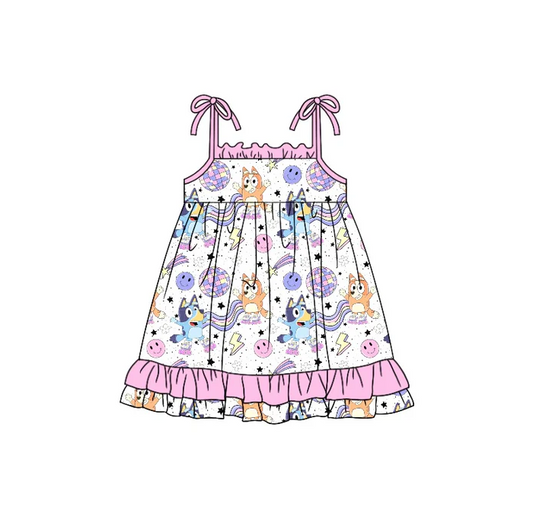 9.10 Baby Girls Purple Dog Disco Straps Ruffle Knee Length Dresses Preorder(moq 5)