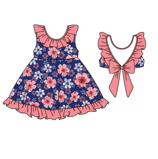 9.10 Baby Girls Navy Pink Flowers Ruffle Bows Knee Length Dresses preorder(moq 5)