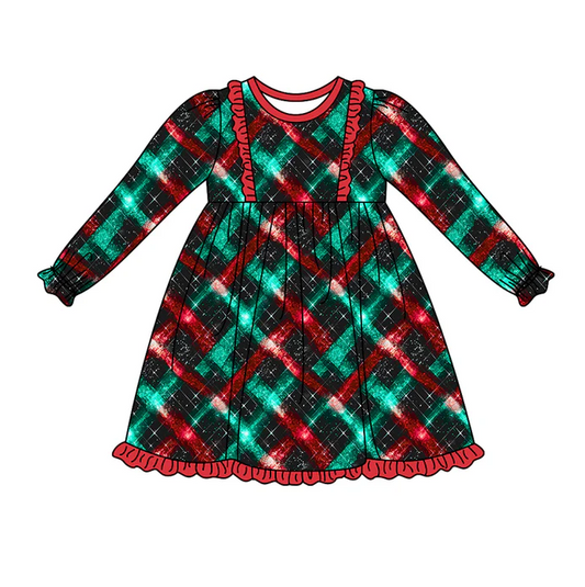 9.10 Baby Girls Christmas Green Red Checkered Ruffle Knee Length Dresses Preorder(moq 5)