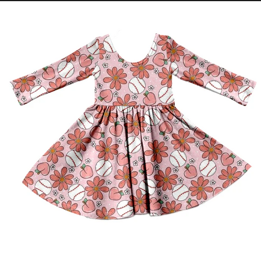 9.10 Baby Girls Baseball Flowers Knee Length Pink Dresses preorder(moq 5)
