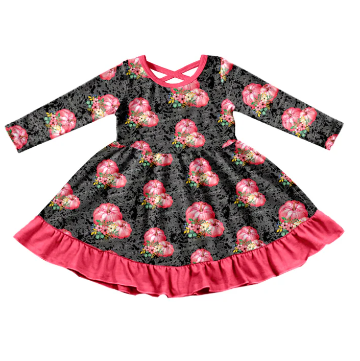 9.11 Baby Girls Black Pink Pumpkin Knee Length Dresses Preorder(moq 5)