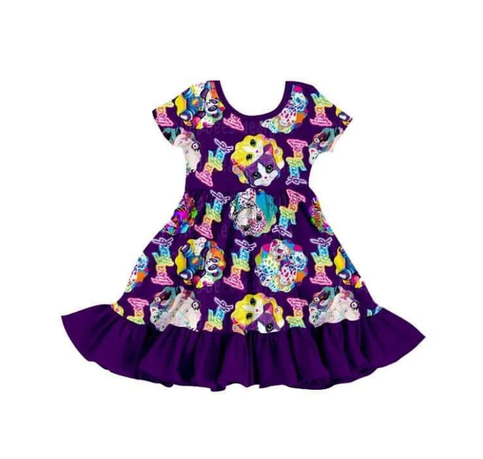 9.11 Baby Girls Purple Cat Ruffle Knee Length Dresses preorder(moq 5)