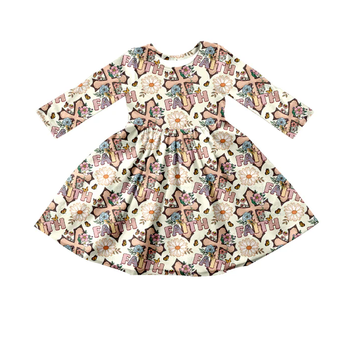 9.11 Baby Girls Faith Flowers Long Sleeve Knee Length Dresses preorder(moq 5)