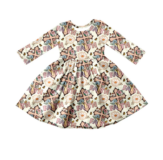 9.11 Baby Girls Faith Flowers Long Sleeve Knee Length Dresses preorder(moq 5)