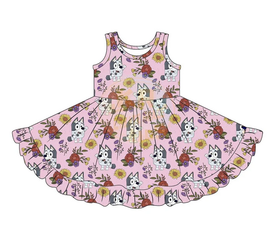 9.11 Baby Girls Cartoon Dogs Flowers Knee Length Dresses preorder(moq 5)