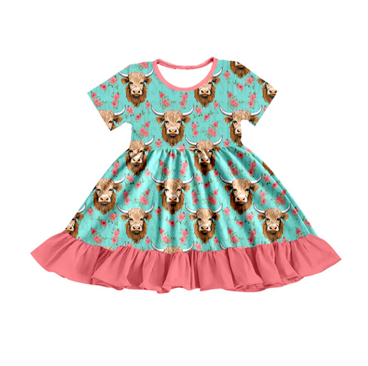 9.11 Baby Girls Highland Cow Pink Flowers Summer Ruffle Knee Length Dresses preorder(moq 5)