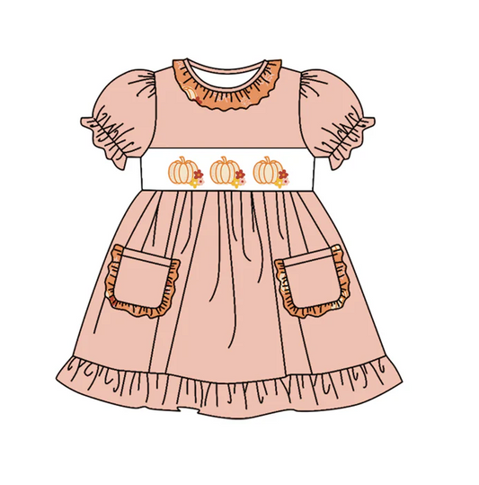 9.11 Baby Girls Pumpkins Pockets Ruffle Knee Length Dresses Preorder(moq 5)