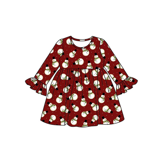 9.11 Baby Girls Christmas Snowman Red Knee Length Dresses preorder(MOQ 5)