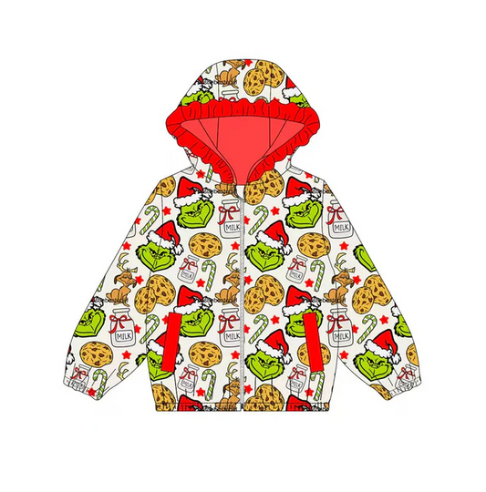 9.12 Preorder (moq 5)Baby Girls Green Faces Cookie Milks Pockets Zipper Christmas Ruffle Hoodies Jackets Top