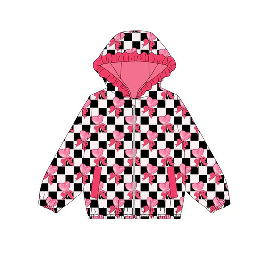 9.12 Preorder (moq 5)Baby Girls Black Checked Bows Hearts Pockets Zipper Ruffle Hoodies Jackets Top