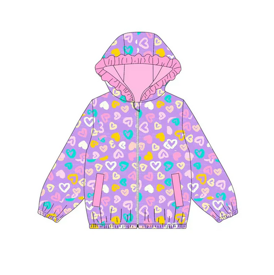 9.12 Preorder (moq 5)Baby Girls Colorful Hearts Leopard Pockets Zipper Ruffle Hoodies Jackets Top