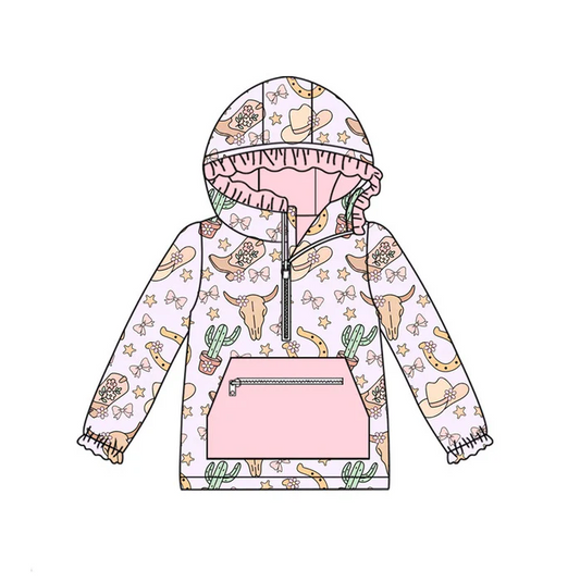 9.12  Preorder (moq 5)Baby Girls Pink Bull Skulls Hats Pocket Zipper Ruffle Hoodies Top