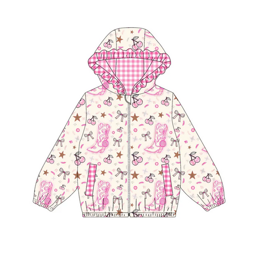 9.12  Preorder (moq 5)Baby Girls Pink Boots Cheers Pockets Zipper Ruffle Hoodies Jackets Top