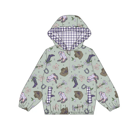 9.12 Preorder (moq 5)Baby Girls Purple Boots Hats Flowers Pockets Zipper Ruffle Hoodies Jackets Top