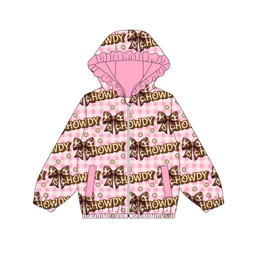 9.12 Preorder (moq 5)Baby Girls Pink Checked Bows Howdy Pockets Zipper Ruffle Hoodies Jackets Top