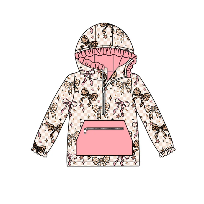 9.12 Preorder (moq 5)Baby Girls Bows Stars Checked Pocket Zipper Ruffle Hoodies Top